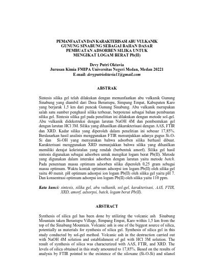 PEMANFAATAN DAN KARAKTERISASI ABU VULKANIK GUNUNG SINABUNG SEBAGAI