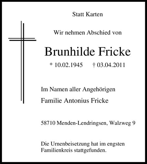 Traueranzeigen Von Brunhilde Fricke Trauer In NRW De