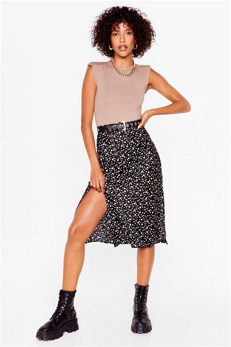 Polka Dot Slit Satin Midi Skirt Nasty Gal