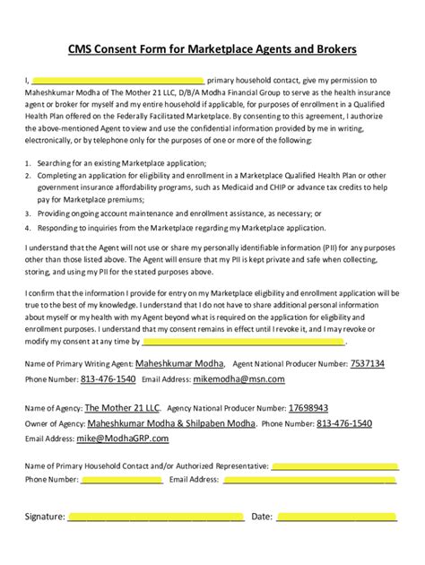 Fillable Online Cms Consent Form For Marketplace Agents And Brokers Fax
