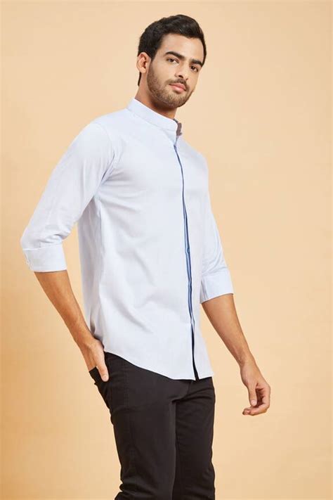 Buy Hilo Design Blue Oxford Skii Chinese Collar Shirt Online Aza Fashions