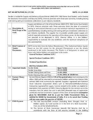 Fillable Online TENDER DOCUMENT FOR SUPPLY INSTALLATION Commissioning