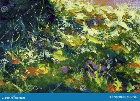 Green Sunny Summer Warm Tree Branches Grass Abstract Impressionism Art Fragment Stock Image