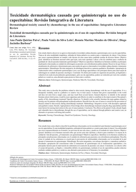 Pdf Toxicidade Dermatol Gica Causada Por Quimioterapia No Uso Do