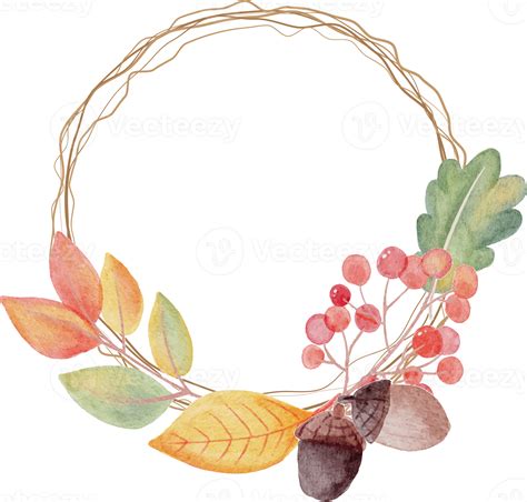 Watercolor Autumn Leaves On Dry Twig Wreath Frame Png