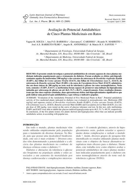 PDF Avaliação do Potencial Antidiabético de Cinco Plantas PDF