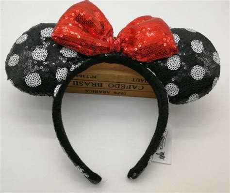 Disney Parks Minnie Mouse Red Black White Dot Sequin Headband Ears Costume Bow Ebay