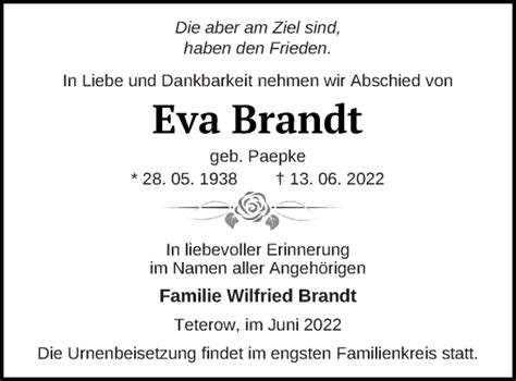 Traueranzeigen Von Eva Brandt Trauer Nordkurier