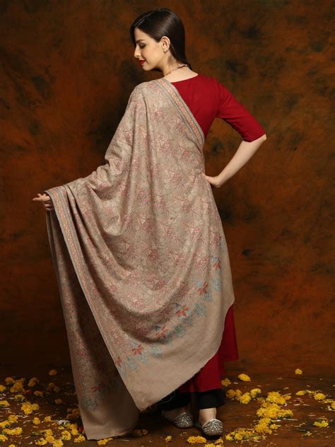 Grey Pure Ladakh Pashmina Shawl With Sozni Floral Fine All Over