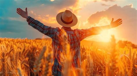 Premium Photo Farmer In Wheat Field At Sunset Arm Stretched Out