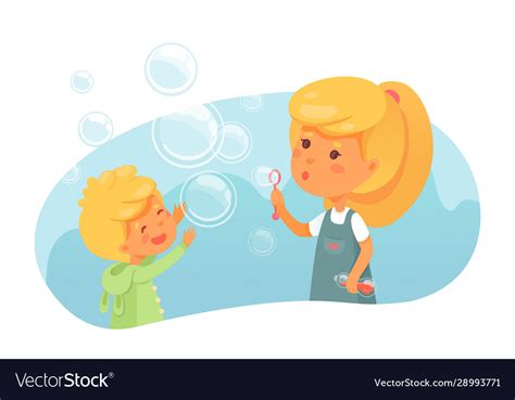 Kids blowing soap bubbles flat Royalty Free Vector Image