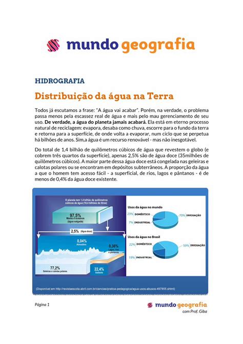 Pdf Distribui O Da Gua Na Terra Oferta Limitada De Gua Pot Vel