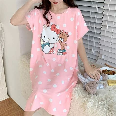 Sanrio Cinnamoroll Hello Kitty Summer Dress Oversized Tshirts Women Casual Fashion Home Clothes