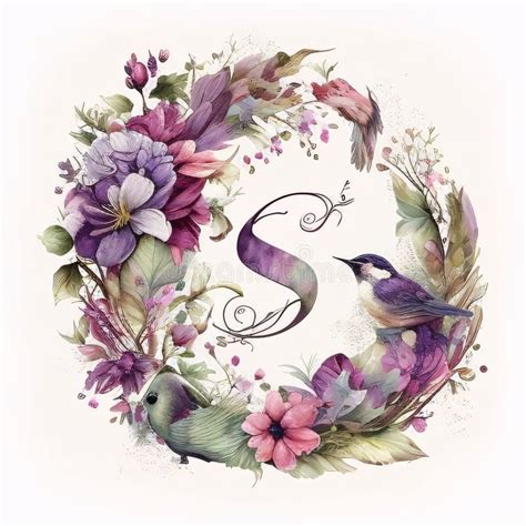 Watercolor Floral Wreath With Birds And Flowers Illustration Letter S