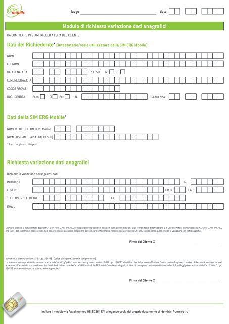 MODULO BIANCA Richiesta Variazioni Anagrafiche Totalerg