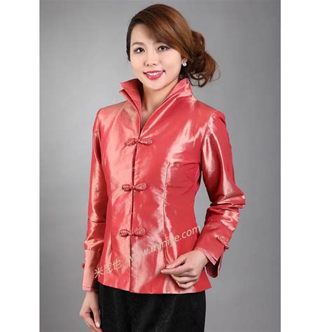 Free Shipping Red Female Silk Satin Jacket Classic Turn Down Collar