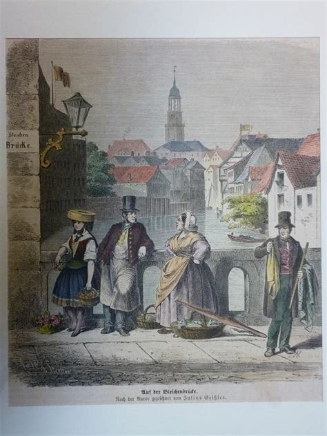 Orig Kolorierter Holzstich Hamburg Tracht Auf Der Bleichenbr Cke