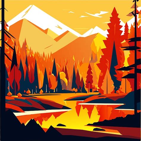 Premium Vector Autumn Natural Forest Landscape With Lake Mountains