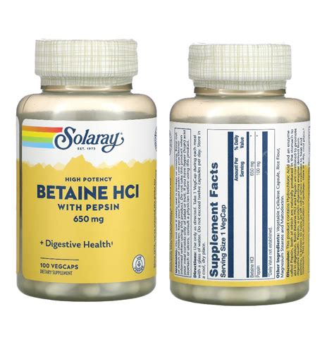 Solaray High Potency Betaine Hcl With Pepsin Mg Vegcaps Or