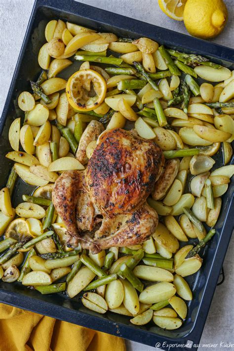 Brath Hnchen Mit Kartoffeln Und Spargel Aus Dem Ofen