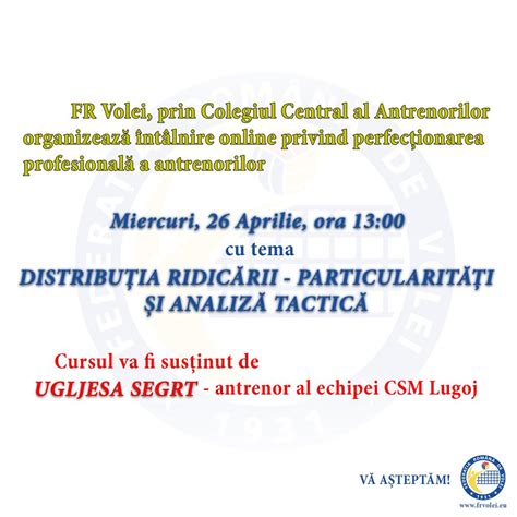 Seminar perfecționare antrenori joi 26 Aprilie ora 13 00 Federatia