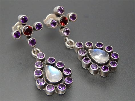 NICKY BUTLER 925 SILVER AMETHYST MOONSTONE GARNET DANGLE EARRINGS