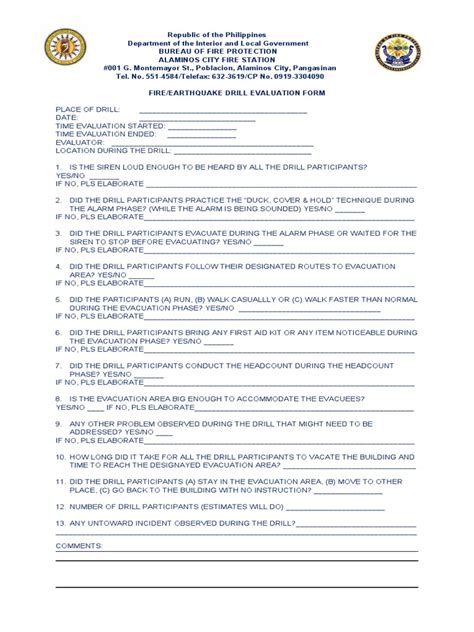 Evaluation Form Quake Drill Pdf Emergency Evacuation Disaster Preparedness