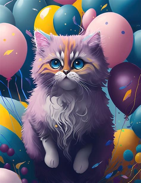 Premium AI Image A Fluffy Kitten Surrounded By Colorful Balloons And