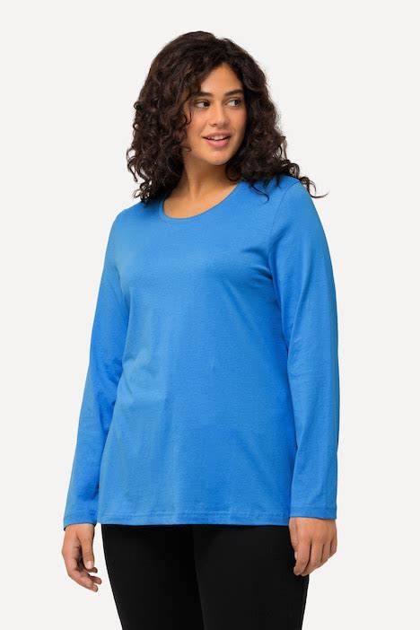 Basic Round Neck Long Sleeve Slim Fit Cotton Tee Sky Blue Ulla Popken