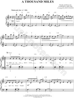 Vanessa Carlton "A Thousand Miles" Sheet Music (Easy Piano) in C Major ...