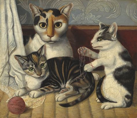 Unknown American Artist Cat And Kittens C 1872 83 Folk Art Cat