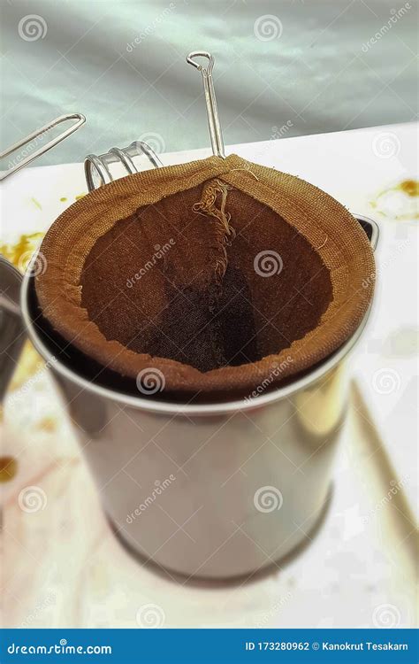 Cloth Filter Coffee And Old Stainless Steel Pots At Ancient Coffee Shop Royalty Free Stock