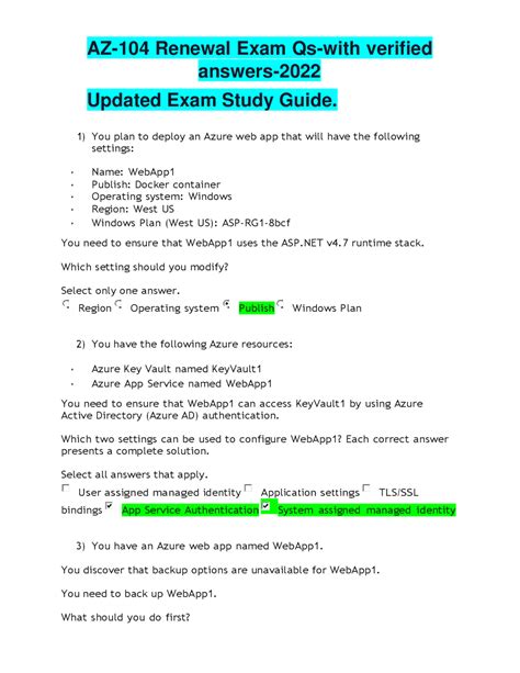 AZ 104 Renewal Exam Qs With Verified Answers 2023 Updated Exam Study