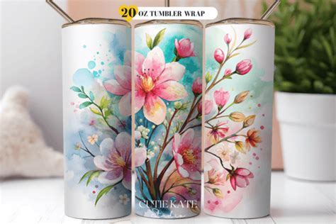 Watercolor Flowers Floral Tumbler Wrap Graphic By Cutie Kate Studio