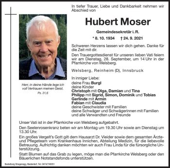 Traueranzeigen Von Hubert Moser Trauer Bz