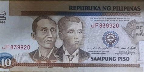 Old P10 Philippine Paper Bill Apolinario Mabini And Andres Bonifacio