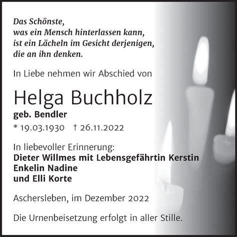 Traueranzeigen Von Helga Buchholz Abschied Nehmen De