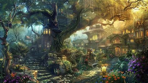 Enchanted Forest Village At Sunset Premium Ai Generated Image