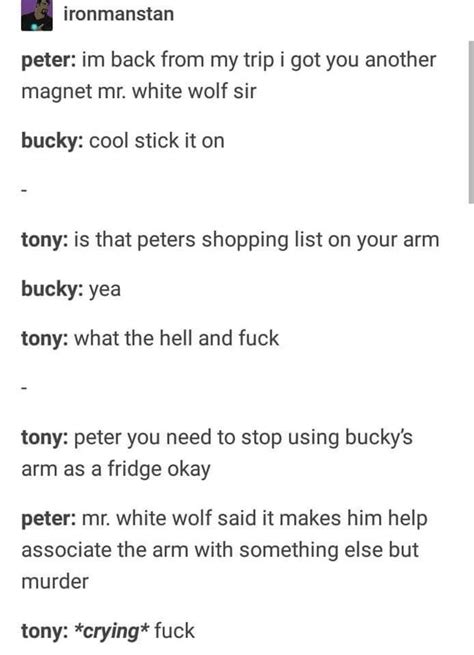 Peter Using Bucky S Arm As A Fridge Marvel Funny Marvel Jokes