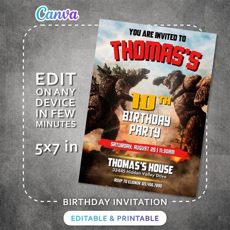 Godzilla X Kong Birthday Invitation Printable Editable Invite King