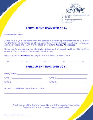 Fillable Online Sunshineps Vic Edu Enrolment Transfer 2016 Enrolment