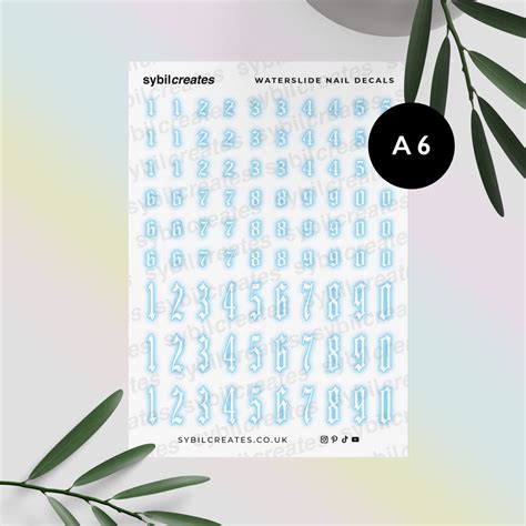 Blue Airbrush Old English Numbers Waterslide Nail Decals Clear