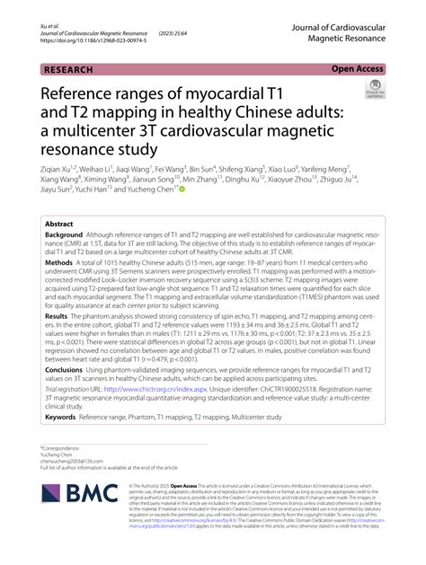 Pdf Reference Ranges Of Myocardial T1 And T2 Mapping In Healthy