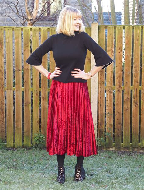 Red Velvet Pleated Skirt And Fluted Sleeve Top What Lizzy Loves