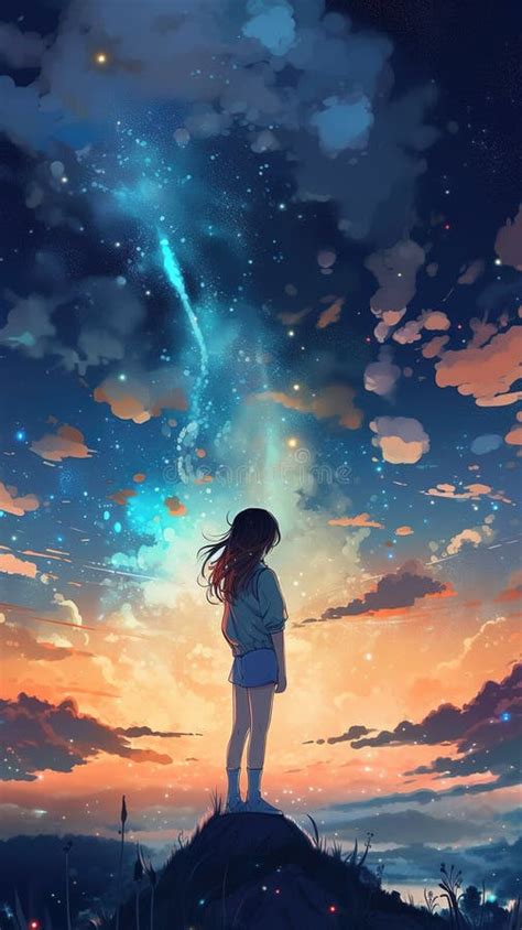 A Sad Lonely Anime Girl Standing Alone Under a Lightning Sky, Vertical ...