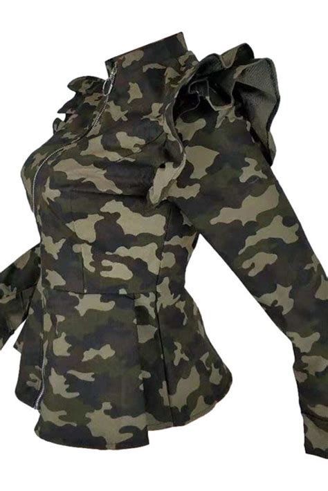 Plus Size Camo Ruffle Shoulder Jacket Plus Size Leather Pants Camouflage Dress Plus Size