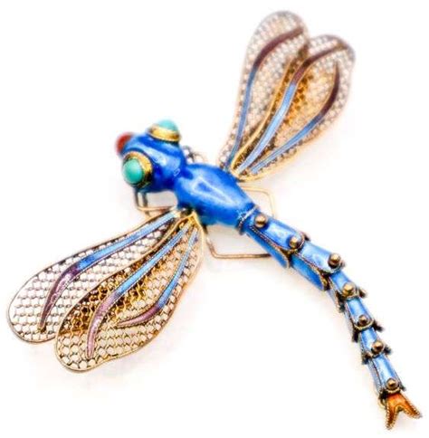 Dragonfly Brooch Enameled Articulating Body Mesh Wings Popping Eyes