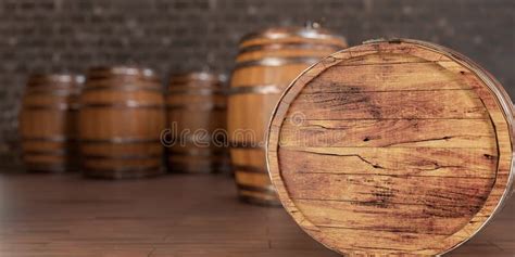 Wooden Barrels In Cellar Backgound Empty Space On Barrel For