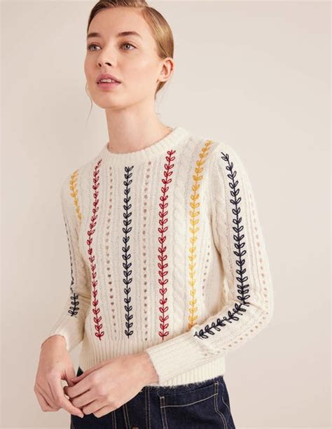 Fluffy Cable Embroidery Jumper Warm Ivory Boden Uk