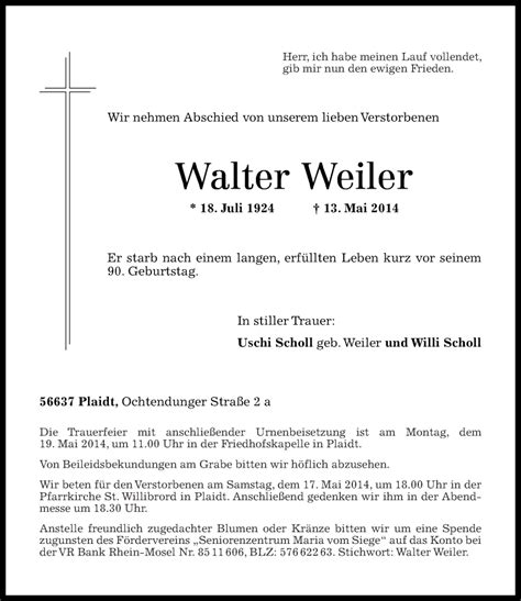 Traueranzeigen Von Walter Weiler Rz Trauer De